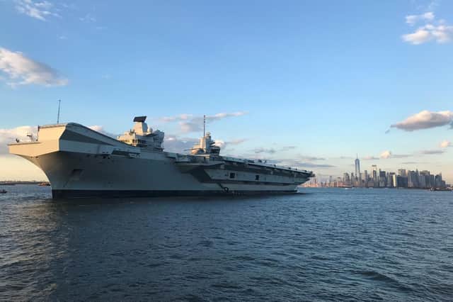 HMS Queen Elizabeth at anchor two miles from Manhattan during its visit to New York. Picture: Georgina Stubbs/PA Wire