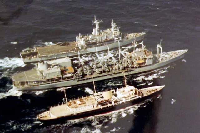On their way home after leaving Hong Kong in 1997 are (from the top) HMS Fearless, RFA Olwen and the royal yacht Britannia. Picutre: Andy August.