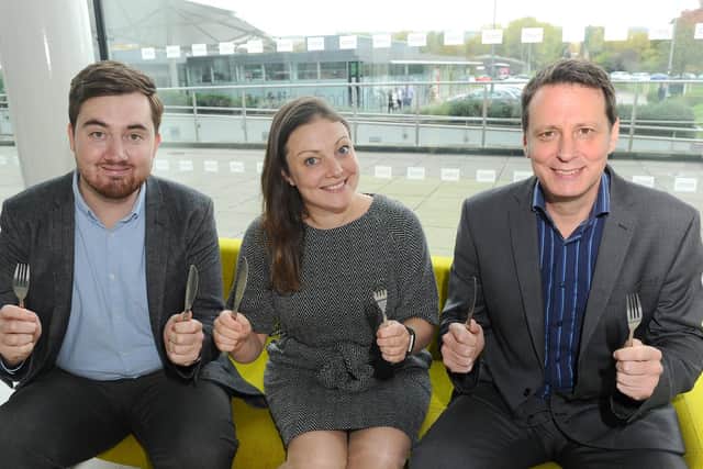 The News, Portsmouth and Tillison Consulting in Waterlooville, are organising a Curry Business Network event. 
Pictured is: (left and right) Danny Randon, marketing assistant and Shaun Farrell, business development manager with The News, Portsmouth business editor Kimberley Barber