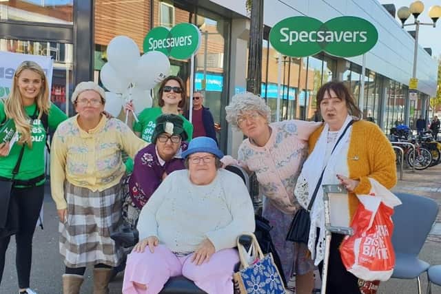 Emily Guest, PR Specsavers, area manager Ali Harris, with the dancing grannies and two Specsavers customers
