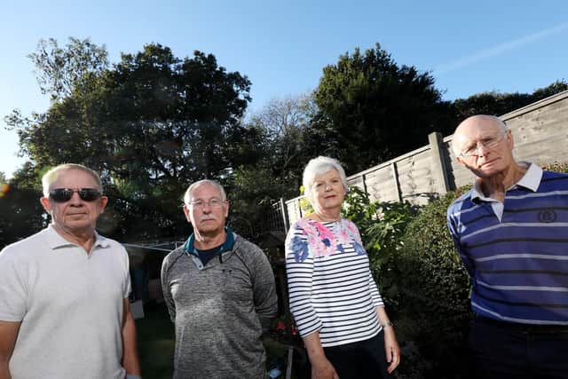 From left, Stephen Smith, Ken Dimmer, and Ann and Mike Milne are unhappy with Network Rail's plans to cut down the mature trees behind their homes in Beaufort Avenue, Fareham               Picture: Chris Moorhouse