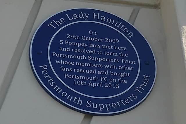 The plaque commemorating the meeting of five people from which the Portsmouth Supporters' Trust was born