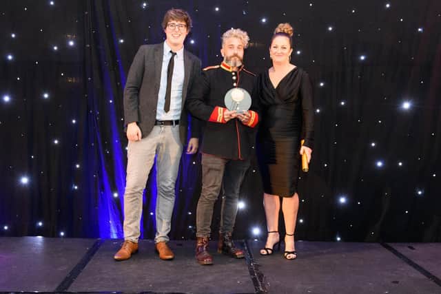 Presenter Glenn Moore, Jamie Martin from The Barbership in Southsea, and Salon Awards founder Kate Jeffery