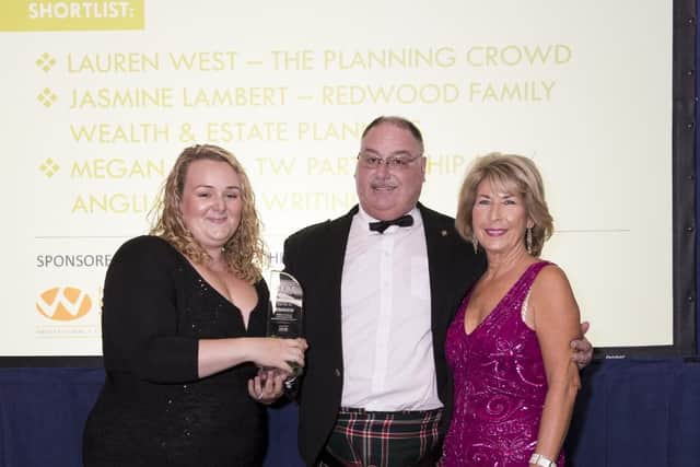 Young practitioner of the year Jasmine Lambert and will writing firm of the year (South) Redwood Financial Family Wealth & Estate Planners
(left to right) Jasmine Lambert, Dennis Gardener from the Institute of Professional Will Writers (IPW) and Jennie Bond journalist and TV presenter (host)