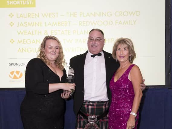 Young practitioner of the year Jasmine Lambert and will writing firm of the year (South) Redwood Financial Family Wealth & Estate Planners
(left to right) Jasmine Lambert, Dennis Gardener from the Institute of Professional Will Writers (IPW) and Jennie Bond journalist and TV presenter (host)