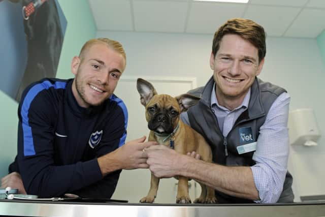 Pompey footballer Jack Whatmough visited The Vet practice where vet Richard Murphy gave his dog Teddy the all clear. Picture Ian Hargreaves (181025-1_vet)