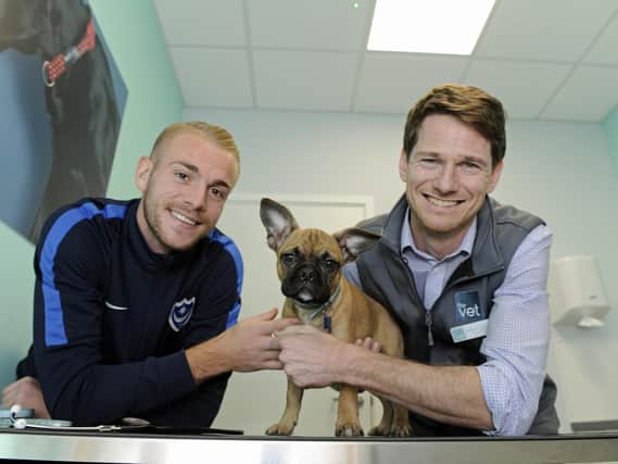 Pompey footballer Jack Whatmough visited The Vet practice where vet Richard Murphy gave his dog Teddy the all clear. Picture Ian Hargreaves  (181025-1_vet)