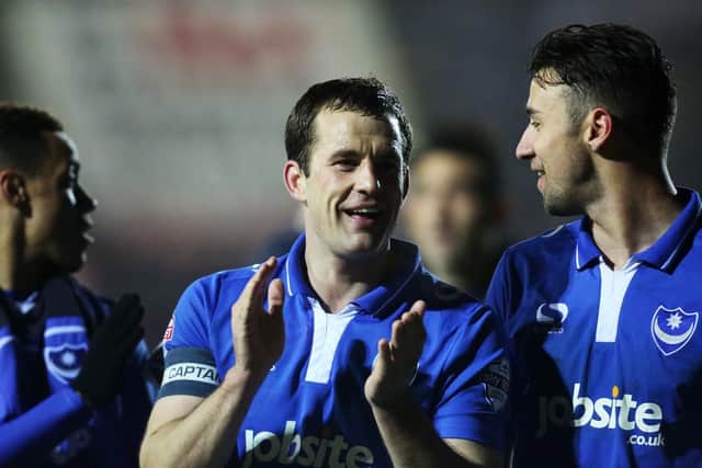 Goal-scorer Michael Doyle celebrates Pompey's 3-1 victory at Accrington in March 2016. Picture: Joe Pepler