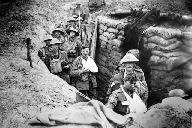 British soldiers in a battlefield trench during the First World War