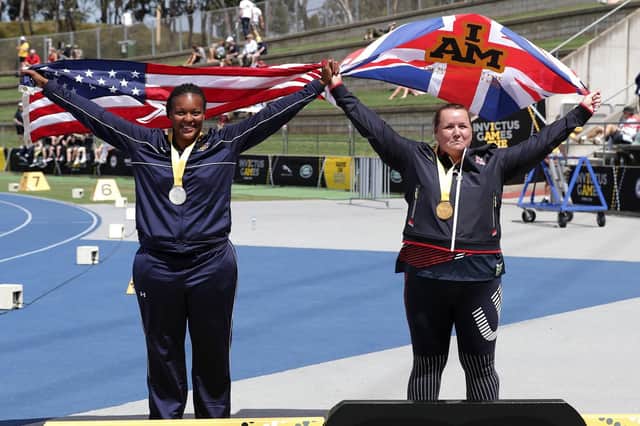 Pictured are (L-R) shotput medal winners Stephanie Johnson (silver) from America and Emma McCormick from team UK (gold).