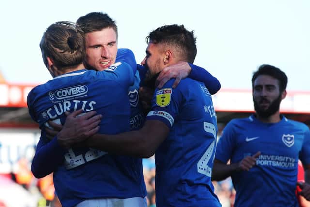 Oli Hawkins is congratulated for his goal against Accrington