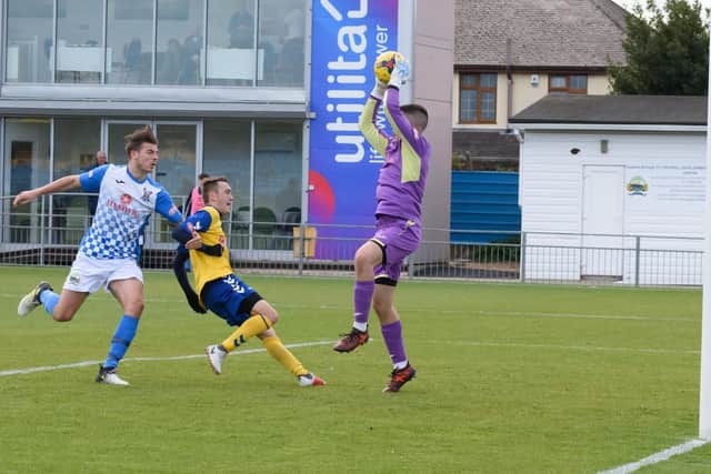 Gosport forward Ryan Pennery is denied. Picture: Duncan Shepherd