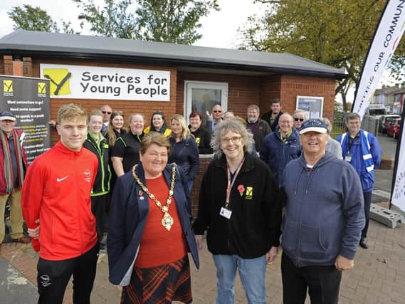 A new community meeting place has been opened at Forton Recreation Ground in Gosport. Left to right, local swimming champion Dominic Redpath, Mayor of Gosport Councillor Diane Furlong, chair trustees Andy Kennedy and Malcolm Dent of the Gosportarians. Picture Ian Hargreaves  (181028-1_toilet)