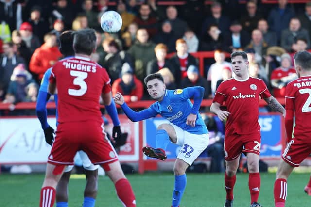 Ben Thompson does his best to find a winner in Pompey's trip to Accrington. Picture: Joe Pepler