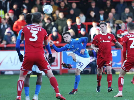 Ben Thompson does his best to find a winner in Pompey's trip to Accrington. Picture: Joe Pepler