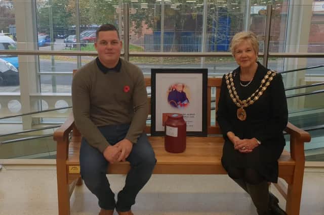 Matt Knight with Mayor of Fareham, Councillor Susan Bayford and his bench