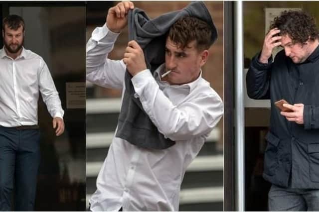 Eleven men appeared at Guildford Crown Court (October 30)  in connection with a brawl which broke out at Goodwood races on May 5.  Steve Parsons/PA Wire
(l-r) David Salway, Tyrone Sharp and Peris Dore all of Gosport