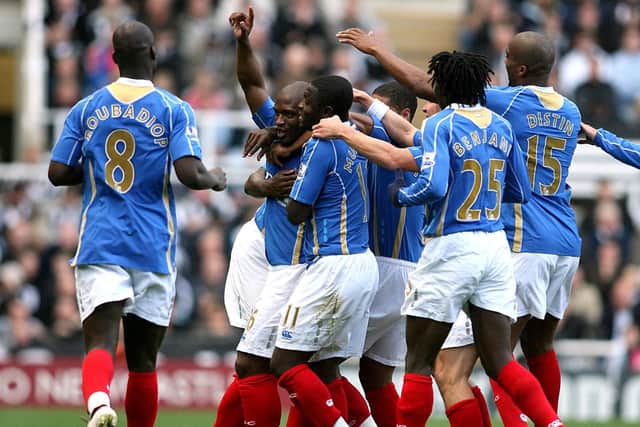 Noe Pamarot celebrates scoring the opening goal of the match in Pompey's victory over Newcastle