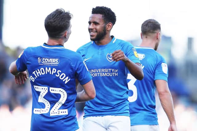 Nathan Thompson congratulates Ben Thompson following another Pompey victory. Picture: Joe Pepler