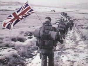 Troops march through the Falklands
