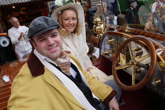 The cast of CCADS production of Chitty Chitty Bang Bang visit the new exhibition at Beaulieu with the original car, to celebrate 50 years of the film