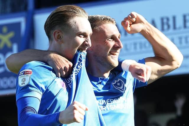 Ronan Curtis, left, and Lee Brown celebrate against Plymouth. Picture: Joe Pepler