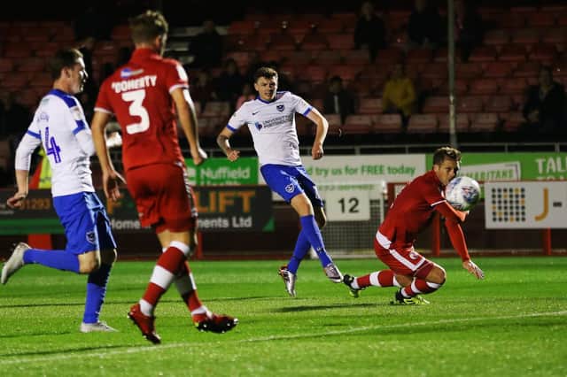 Dion Donohue netted his first Pompey goal at Crawley this season. Picture: Joe Pepler