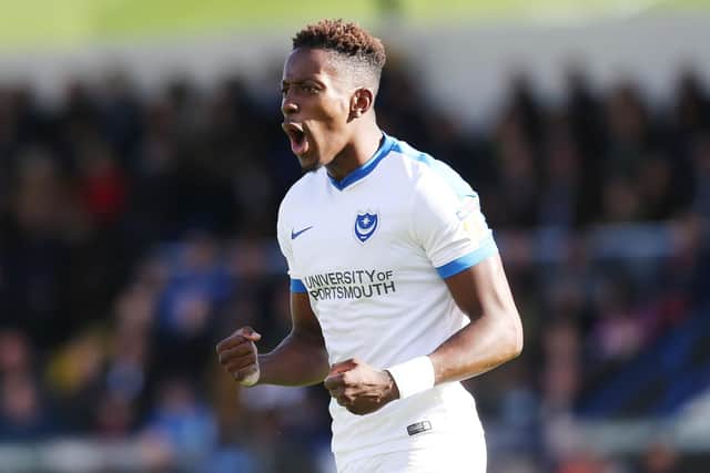 Jamal Lowe celebrates his goal at Rochdale - the last time he netted for Pompey. Picture: Joe Pepler