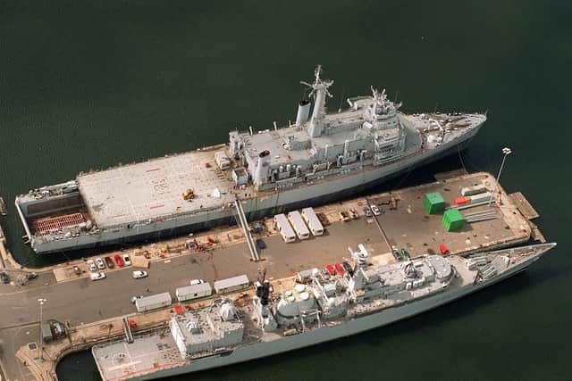 The Royal Navy assault ship HMS Intrepid (top) in Basin 3 at Portsmouth naval base. Picture: Mike Scaddan