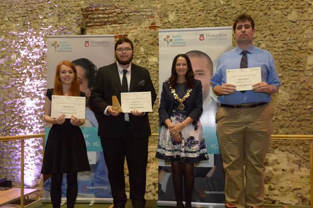 Abigail McLaren, short-listed for Chairman's Award, with winner Daniel Card, from Gosport, Councillor Elaine Still, Chairman of Hampshire County Council, and George Spencer, also short-listed, at the annual Apprentice Awards run by Hampshire County Council