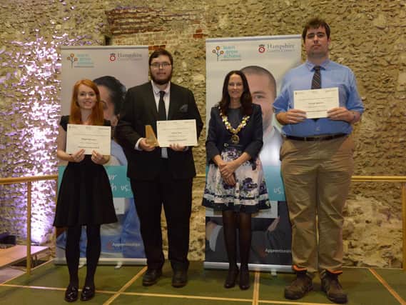 Abigail McLaren, short-listed for Chairman's Award, with winner Daniel Card, from Gosport, Councillor Elaine Still, Chairman of Hampshire County Council, and George Spencer, also short-listed, at the annual Apprentice Awards run by Hampshire County Council