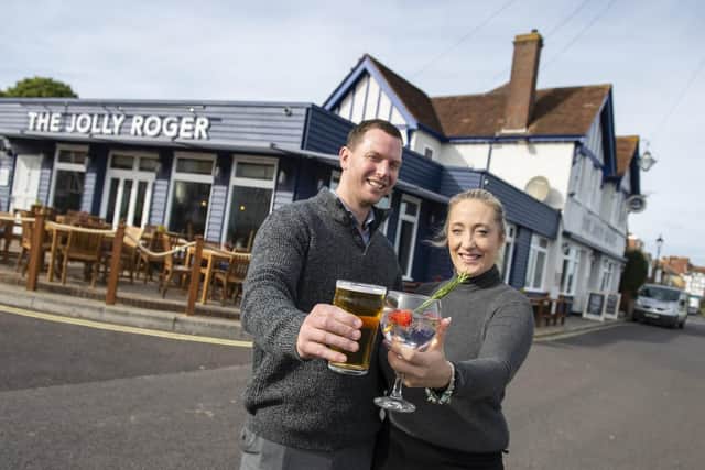 Hayley and Tom Hood stood outside Jolly Roger