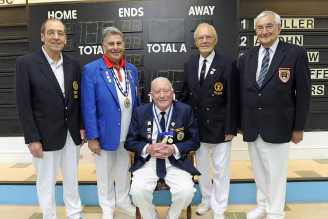 Victory Indoors Bowls Club celebrated its 50th anniversary. (left to right) Tom Pullen, Mark Cohen, with John Farrar, Graham Clark and Alan Jones. Picture: Malcolm Wells.