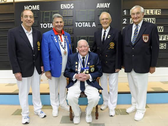 Victory Indoors Bowls Club celebrated its 50th anniversary. (left to right) Tom Pullen, Mark Cohen, with John Farrar, Graham Clark and Alan Jones. Picture: Malcolm Wells.