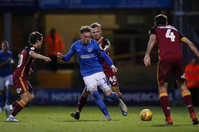 Ronan Curtis gets on the front foot for Pompey in the win at Bradford. Picture: Daniel Chesterton/phcimages.com