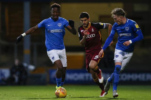 Jamal Lowe of Portsmouth, Anthony O'Connor of Bradford City and Ronan Curtis of Portsmouth during the Sky Bet League One match between Bradford City and Portsmouth at Valley Parade on November 3rd 2018 in Bradford, England. (Photo by Daniel Chesterton/phcimages.com)