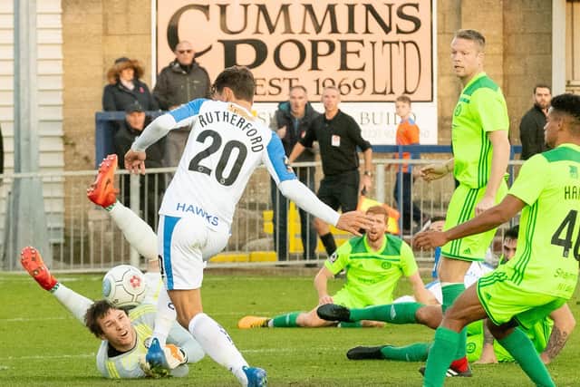 Alfie Rutherford scores Havant second goal in the 2-1 win against FC Halifax. Picture: Keith Woodland
Havant Hawks v FC Halifax
Picture: Keith Woodland