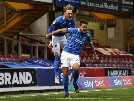 Gareth Evans of Portsmouth celebrates with Ronan Curtis of Portsmouth after scoring his side's first goal to make the score 0-1 during the Sky Bet League One match between Bradford City and Portsmouth at Valley Parade on November 3rd 2018 in Bradford, England. (Photo by Daniel Chesterton/phcimages.com)