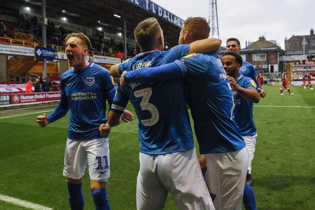 Pompey celebrate Gareth Evans' Valley Parade winner which established a new club record. Picture: Daniel Chesterton