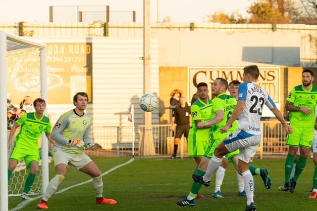 Paul Robinson attempts to score for the Hawks during the win against FC Halifax. Picture: Keith Woodland
