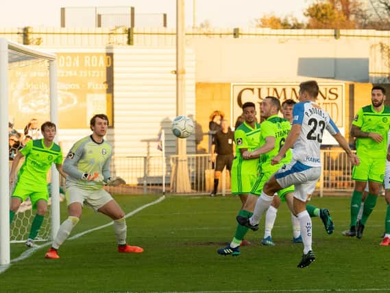 Paul Robinson attempts to score for the Hawks during the win against FC Halifax. Picture: Keith Woodland