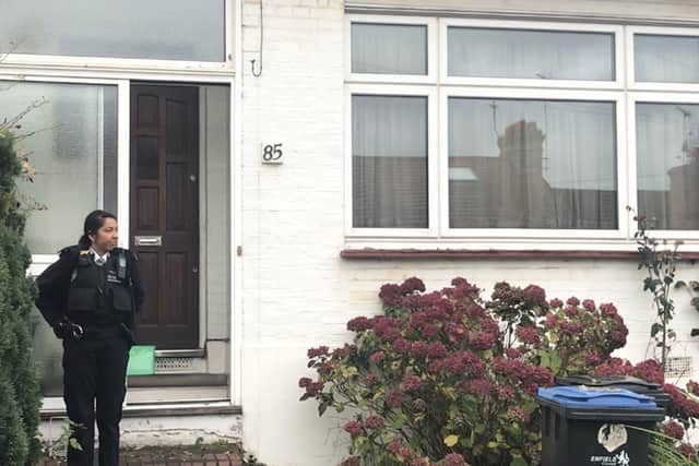 A police officer outside a property on Evesham Road in Enfield, north London, after Peter Gouldstone, 98, was attacked and robbed in his own home. Picture: Thomas Hornall/PA Wire