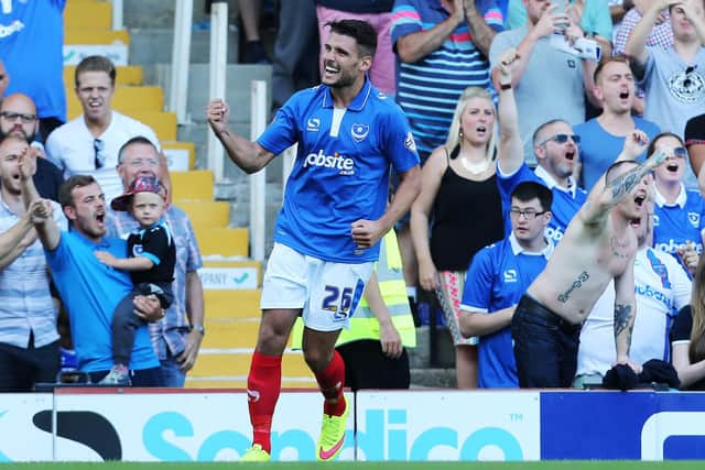 Gareth Evans celebrates scoring on his Pompey debut in August 2015 against Dagenham & Redbridge. Picture: Joe Pepler