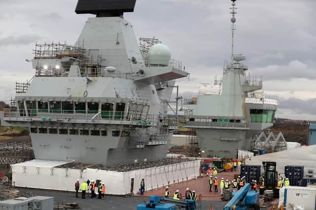 Work continues on the flight deck during a tour of the under-construction aircraft carrier, HMS Prince of Wales, at Babcock in Rosyth, Fife. Picture: Andrew Milligan/PA Wire.