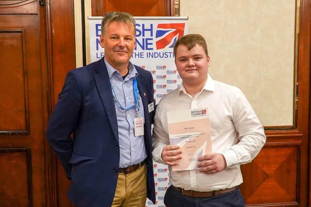 Ben Sutton, from Tecsew, Paul Martin, the president of the British Marine Trade Association who sponsored the award