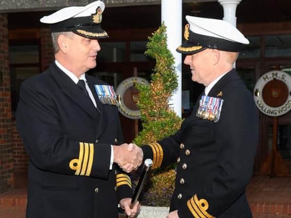 Commander David Johnston took his final divisions before departing HMS Collingwood for a new post and handing over to Commander Mark Walker