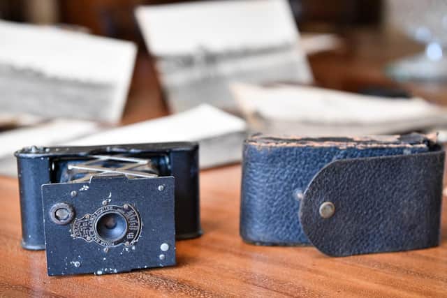 The compact Vest Pocket Kodak camera with case, also known as the VPK or 'Soldiers Kodak', belonging to Captain Robert Harley Egerton Bennett, which he used to take photographs during his time in Ypres, Belgium, during the First World War. Picture: Ben Birchall/PA Wire