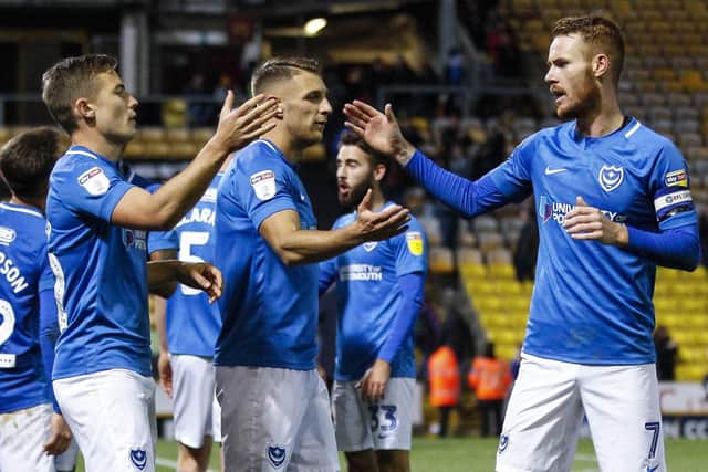 Portsmouth celebrate victory at Bradford City. Picture: Daniel Chesterton