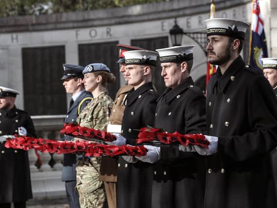 Captured is personnel from the Royal Navy and Royal Marines at the Guildhall square, Portsmouth during a Remembrance service. Photo: LPhot Sam Seeley/Royal Navy