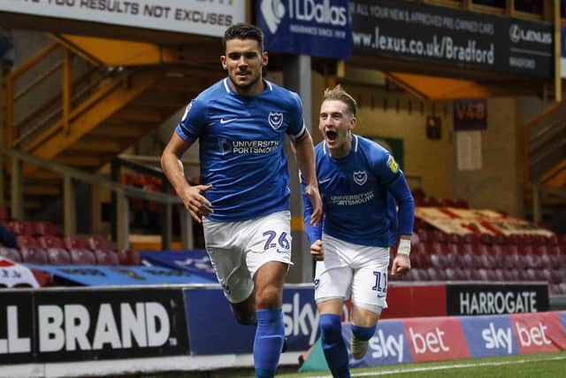 Gareth Evans of Portsmouth celebrates with Ronan Curtis of Portsmouth after scoring his side's first goal to make the score 0-1 during the Sky Bet League One match between Bradford City and Portsmouth at Valley Parade on November 3rd 2018 in Bradford, England. (Photo by Daniel Chesterton/phcimages.com)